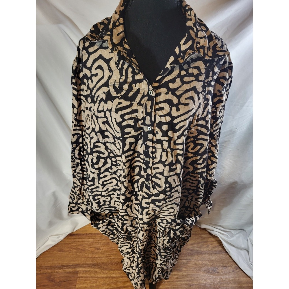 Osei Duro Size 3XL 100% Cotton Long Sleeve Lagenlook Dress Black & Cream